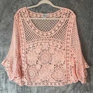 Sundance Top Womens Medium Pink Crochet Knit Peasant Cottagecore Boho Romantic